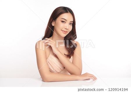 Beautiful young asian woman with clean fresh skin on white background, Face care, Facial treatment, Cosmetology, beauty and spa, Asian women portrait. 120914194