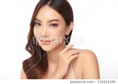 Beautiful young asian woman with clean fresh skin on white background, Face care, Facial treatment, Cosmetology, beauty and spa, Asian women portrait. 120914199