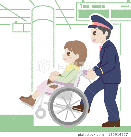 Hand-drawn style wheelchair woman and assisting station staff Hand-drawn style wheelchair woman and assisting station staff 120914357