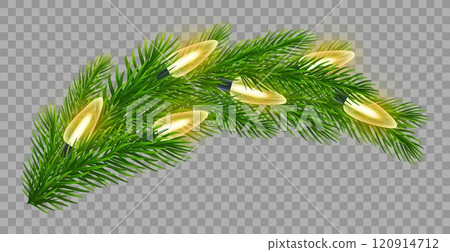 Christmas garland on realistic lush green fir branches on transparent background. For seasonal Christmas, New Year designs, holiday event, greeting cards, banners, posters. Vector illustration 120914712