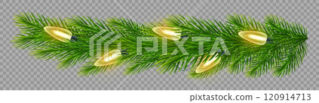 Festive fir branch with shimmering, golden Christmas light garland on transparent background. For holiday Christmas, New Year cards, banners, party posters and winter celebrations. Vector illustration Festive fir branch with shimmering, golden Christmas light garland on transparent background. For holiday Christmas, New Year cards, banners, party posters and winter celebrations. Vector illustration 120914713
