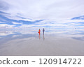 Bride in an orange dress reflected in the blue sky and salt lake | Uyuni Salt Flats wedding photo 120914722