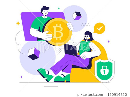 Blockchain Vector Illustration featuring a Tech Architect working at a Computer with Crypto Community Management, and Cube Blocks in the Background 120914830