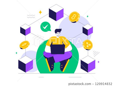 Blockchain Vector Illustration featuring a Tech Architect working at a Computer with Crypto Community Management, and Cube Blocks in the Background 120914832