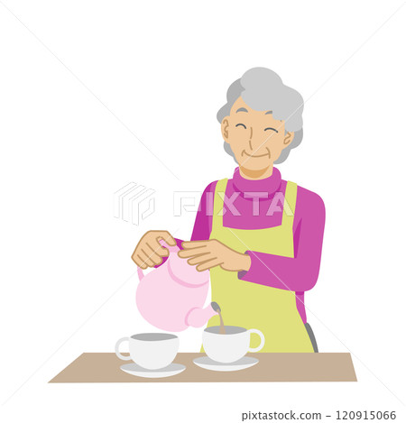 老婦人把茶倒進杯子裡 老婦人把茶倒進杯子裡 120915066