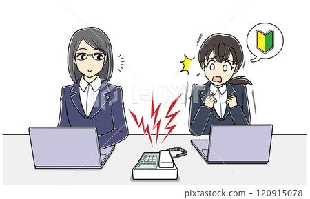 Telephone phobia: A new female employee is frightened by the ringing of the phone and a woman with glasses is watching her Telephone phobia: A new female employee is frightened by the ringing of the phone and a woman with glasses is watching her 120915078