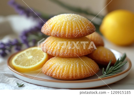 Delicious lemon madeleines stacked on a plate in a cozy kitchen setting with fresh ingredients and soft lighting 120915185