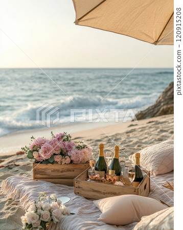 A couple is enjoying a romantic picnic on the beach, with a bouquet of flowers A couple is enjoying a romantic picnic on the beach, with a bouquet of flowers 120915208
