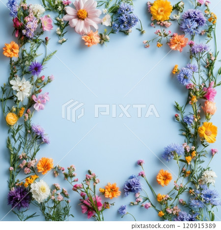Colorful floral arrangement on soft blue background nature still life indoor aesthetic beauty and serenity 120915389