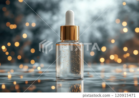 A bottle of perfume is sitting on a table with a blurry background 120915471
