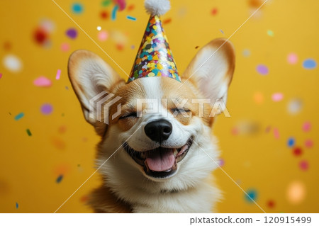 A dog is wearing a party hat and smiling 120915499