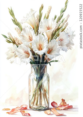 A vase of white flowers sits on a table 120915522