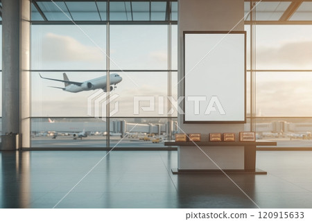 Airplane landing at airport terminal indoor view modern architecture calm atmosphere travel concept 120915633