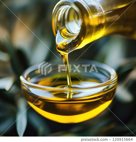 Pouring olive oil into a bowl kitchen food photography natural light close-up culinary art 120915664
