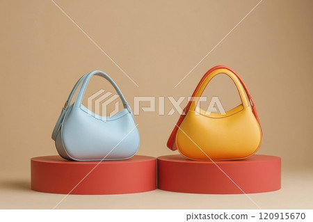 Stylish handbags display studio environment product photography minimalist aesthetic fashion focus trendy accessories 120915670