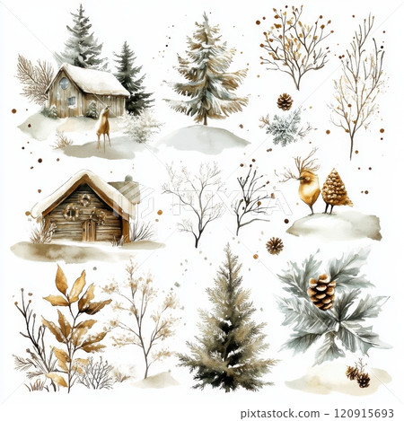 A collection of winter scenes featuring trees, houses, and birds A collection of winter scenes featuring trees, houses, and birds 120915693