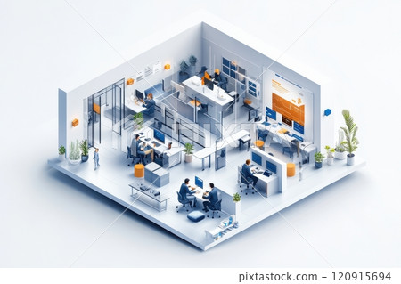 Innovative office collaboration modern workplace digital art bright environment aerial view technology integration for team success Innovative office collaboration modern workplace digital art bright environment aerial view technology integration for team success 120915694