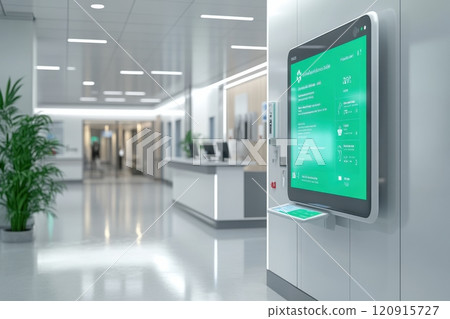 Interactive digital information display modern hospital lobby digital signage clean environment wide angle view healthcare technology 120915727