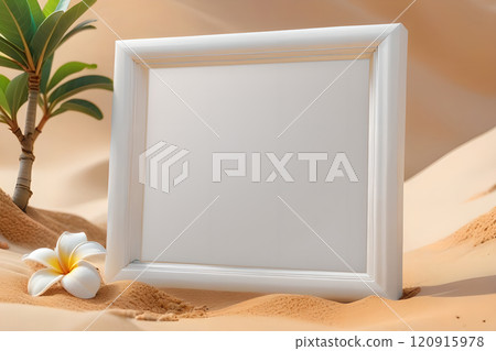 沙灘上的白色相框與雞蛋花mockup模板，夏天廣告橫幅海報宣傳單素材圖片 120915978