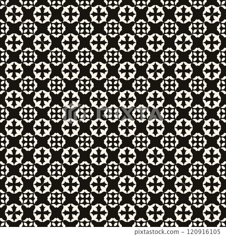 Vector black and white floral seamless pattern. Abstract minimal geometric ornament with flowers in oriental style. Simple monochrome background. 120916105