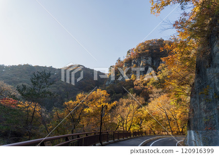 群馬縣/秋天的大蓬萊從東峽谷的國道看到的和藍天的複製空間 群馬縣/秋天的大蓬萊從東峽谷的國道看到的和藍天的複製空間 120916399