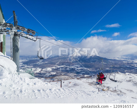A ski resort with a view of snowy Mount Yotei behind the lift (Niseko, Hokkaido) A ski resort with a view of snowy Mount Yotei behind the lift (Niseko, Hokkaido) 120916557