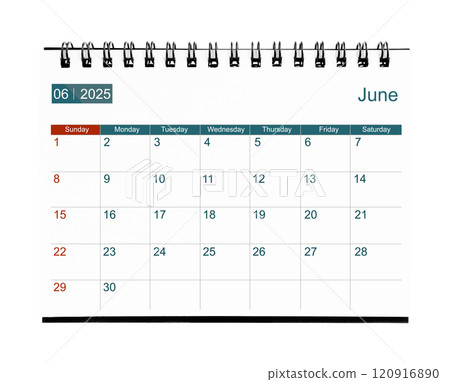 June 2025 calendar. Page of the annual business desk month calendar isolated on white. 120916890