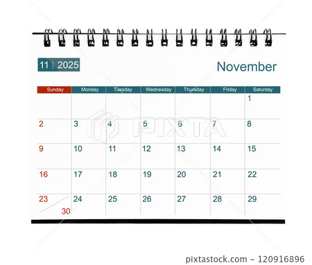 November 2025 calendar. Page of the annual business desk month calendar isolated on white. 120916896