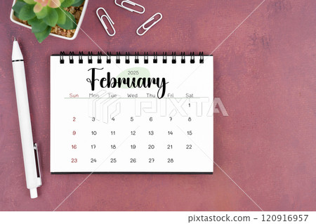 February desk calendar for 2025 year and pen on old red cover. Flat lay. 120916957