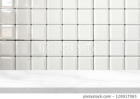 Abstract Luxury White Marble Table with Kitchen Wall Tiles Texture Background. 120917063
