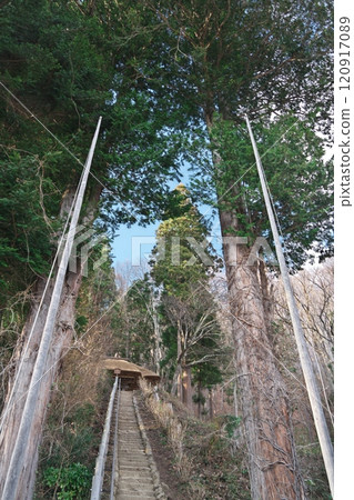 Stairs to the Ouchijuku Observation Deck in Ouchijuku in spring 120917089