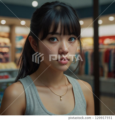 Portrait of a dark-haired Asian woman shopping 120917351