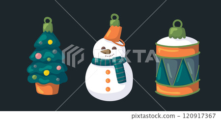 Traditional Christmas tree toys. Christmas tree, snowman, drum. Vector retro illustration. Traditional Christmas tree toys. Christmas tree, snowman, drum. Vector retro illustration. 120917367