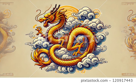 Golden Chinese Dragon Amongst Clouds Golden Chinese Dragon Amongst Clouds 120917443