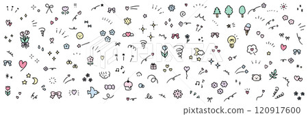 A vector illustration set of hand-drawn decorative illustrations. Hand-drawn, focused lines, attention, stars, hearts, ribbons 120917600
