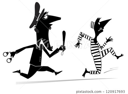 Angry police officer running after a prisoner. Male police officer with handcuffs and baton trying to catch up a prisoner. Black and white illustration 120917693