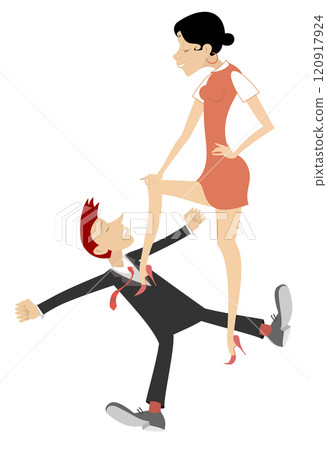 Love couple quarrel and fighting. Love concept. Winning. Happy young woman put a foot on a chest of her boyfriend Love couple quarrel and fighting. Love concept. Winning. Happy young woman put a foot on a chest of her boyfriend 120917924