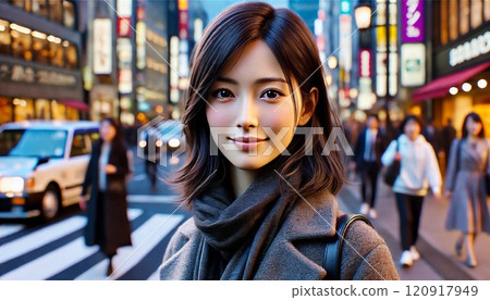 微笑的婦女並肩走在城市的街道上 120917949