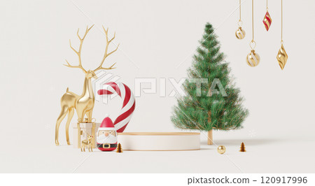 3D render, Christmas and new year background with podium showing stage, elegant holiday with gold reindeer, candy cane, pine tree, ornaments, and Santa. 3D render, Christmas and new year background with podium showing stage, elegant holiday with gold reindeer, candy cane, pine tree, ornaments, and Santa. 120917996
