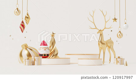 3D render, Merry Christmas background with empty podium stage, festive new year holiday with golden reindeer, Santa, ornaments, and gifts. 3D render, Merry Christmas background with empty podium stage, festive new year holiday with golden reindeer, Santa, ornaments, and gifts. 120917997