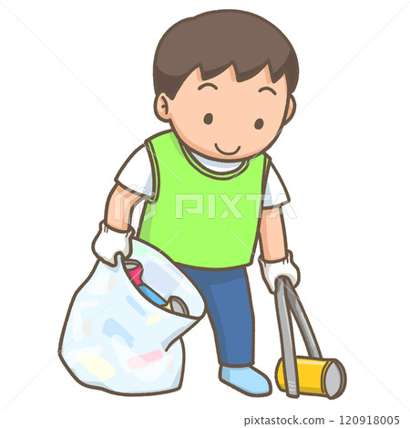 志工男孩用鉗子收集空罐 志工男孩用鉗子收集空罐 120918005