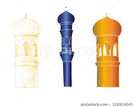 Vector Islamic minaret. Graphic illustration mosque, tower isolated on white background. Muslim hand drawn line sketch, holiday Ramadan Kareem or Eid Al Adha 2025. For designers, prints, postcards 120918045