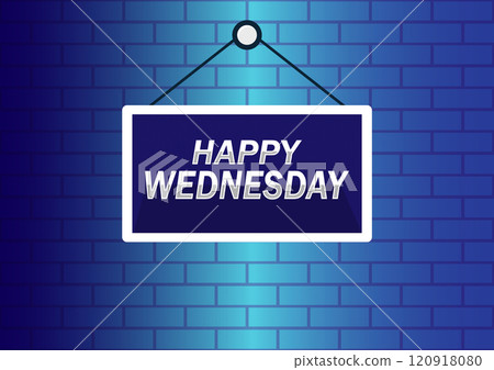 Happy Wednesday hanging sign banner on brick wall background 120918080