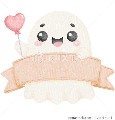 Valentine ghost holding a cheerful banner, capturing love and festive spirit in a cute, playful design. Perfect for valentine themes or romantic decoration. 120918081