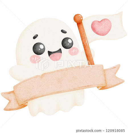 Valentine ghost holding a cheerful banner, capturing love and festive spirit in a cute, playful design. Perfect for valentine themes or romantic decoration. 120918085