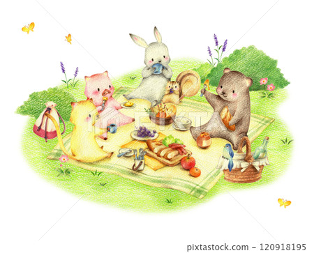 動物在綠地吃野餐午餐，手繪色鉛筆畫 120918195