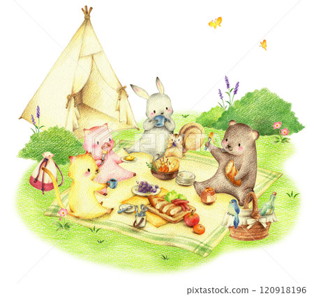 動物在綠地的帳篷前吃野餐午餐,手繪彩色鉛筆畫 動物在綠地的帳篷前吃野餐午餐,手繪彩色鉛筆畫 120918196