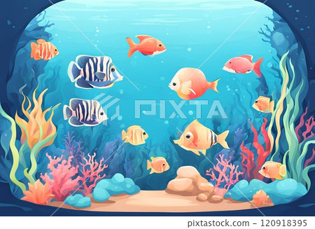 Illustration of an aquarium with cute tropical fish swimming 120918395