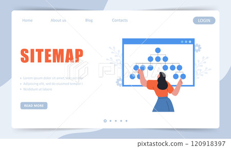 Sitemap Creation concept. Landing page template. Website SEO management. Female Developer organizes site structure. Vector illustration Sitemap Creation concept. Landing page template. Website SEO management. Female Developer organizes site structure. Vector illustration 120918397