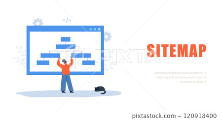 Sitemap Creation concept. Female Developer optimization site structure. Website navigation for the user. Vector illustration Sitemap Creation concept. Female Developer optimization site structure. Website navigation for the user. Vector illustration 120918400